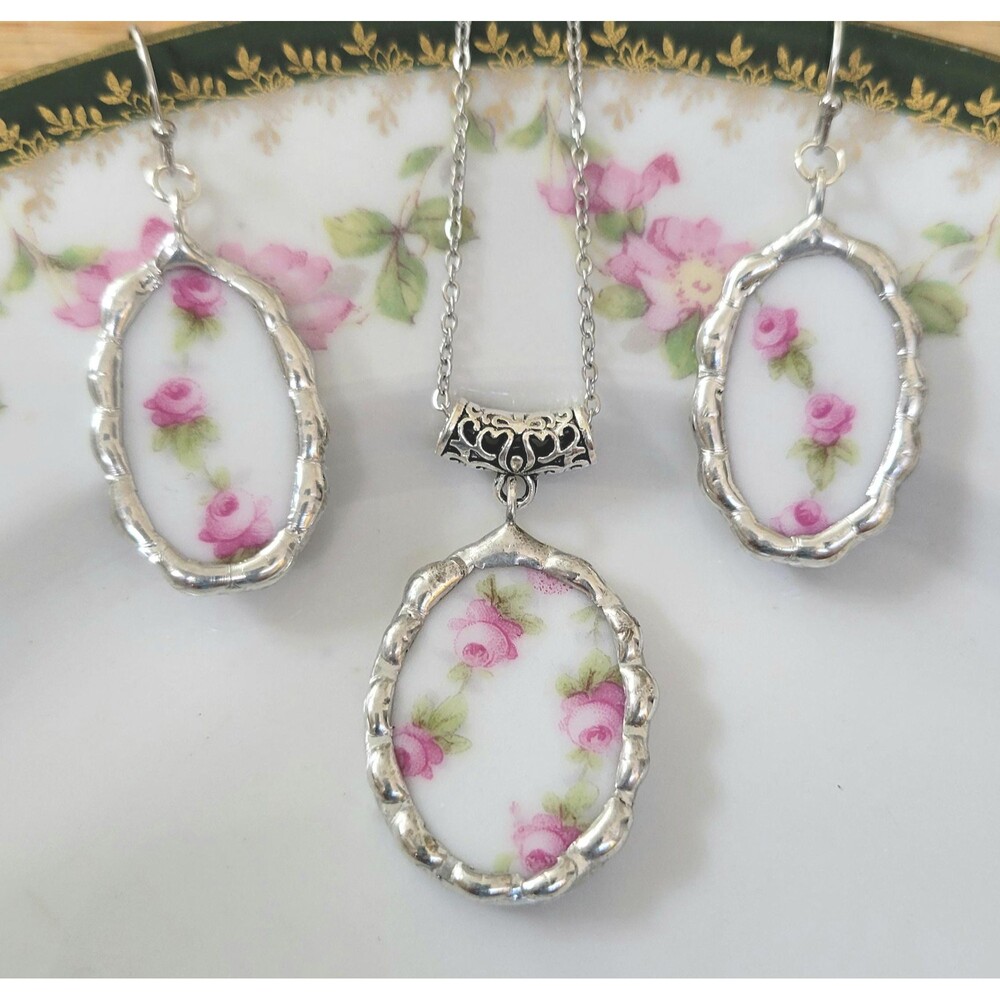 Limoges China Jewelry Set – Pink Rose Porcelain Pendant Necklace, Earrings